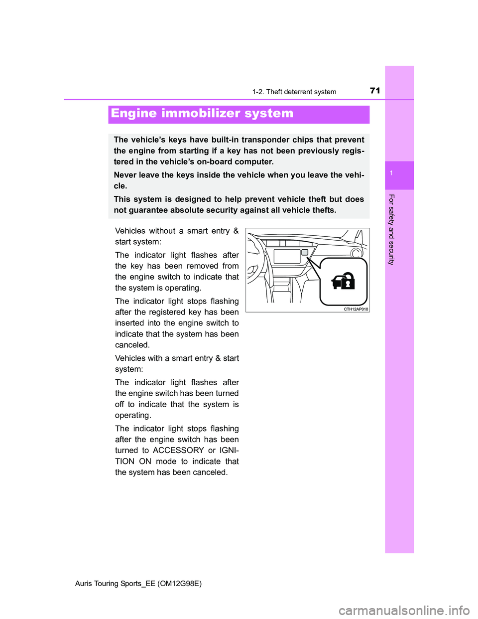 TOYOTA AURIS TOURING SPORTS 2014 Owners Manual 71
1
For safety and security
Auris Touring Sports_EE (OM12G98E)
1-2. Theft deterrent system
Vehicles without a smart entry &
start system:
The indicator light flashes after
the key has been removed fr TOYOTA AURIS TOURING SPORTS 2014 Owners Manual 71
1
For safety and security
Auris Touring Sports_EE (OM12G98E)
1-2. Theft deterrent system
Vehicles without a smart entry &
start system:
The indicator light flashes after
the key has been removed fr