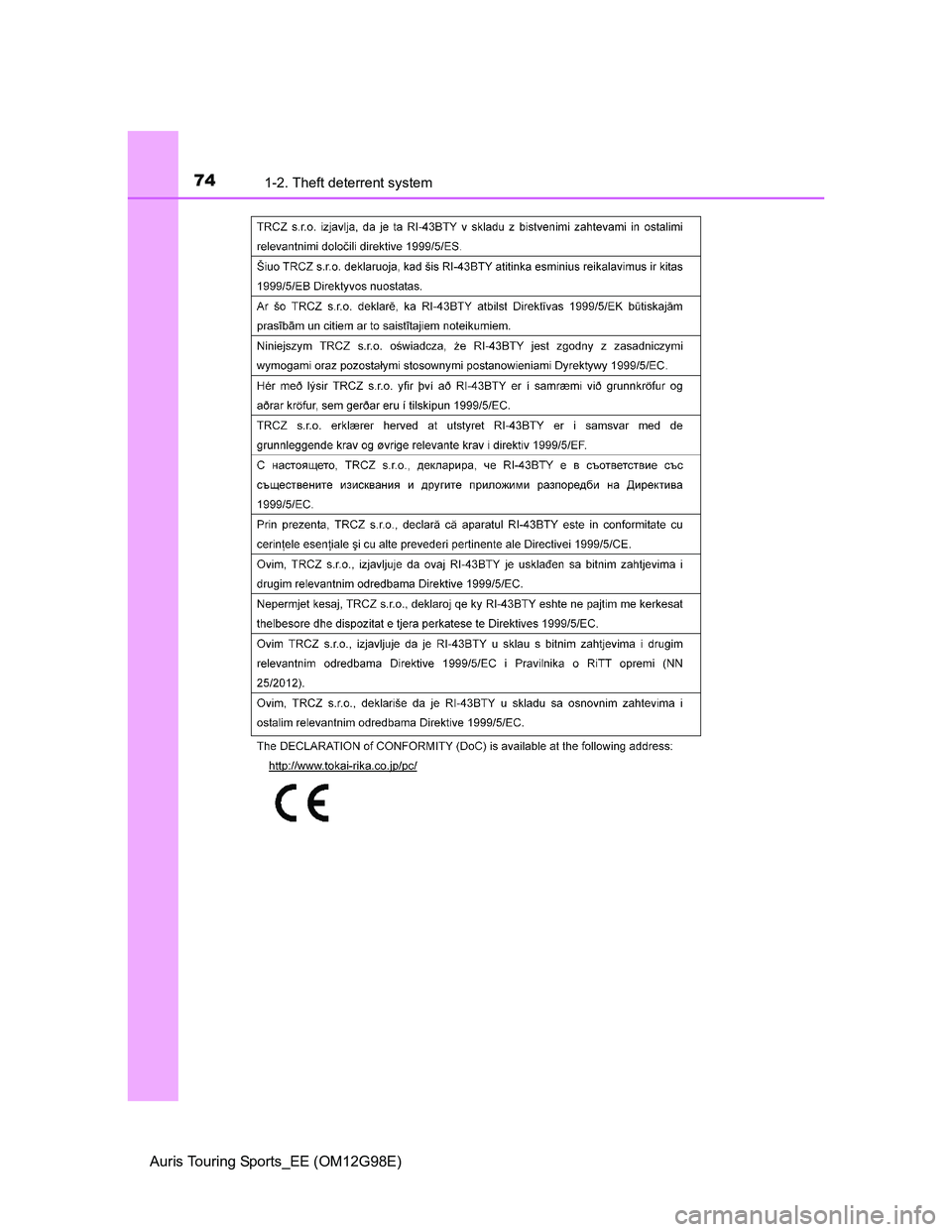 TOYOTA AURIS TOURING SPORTS 2014  Owners Manual 741-2. Theft deterrent system
Auris Touring Sports_EE (OM12G98E) 
