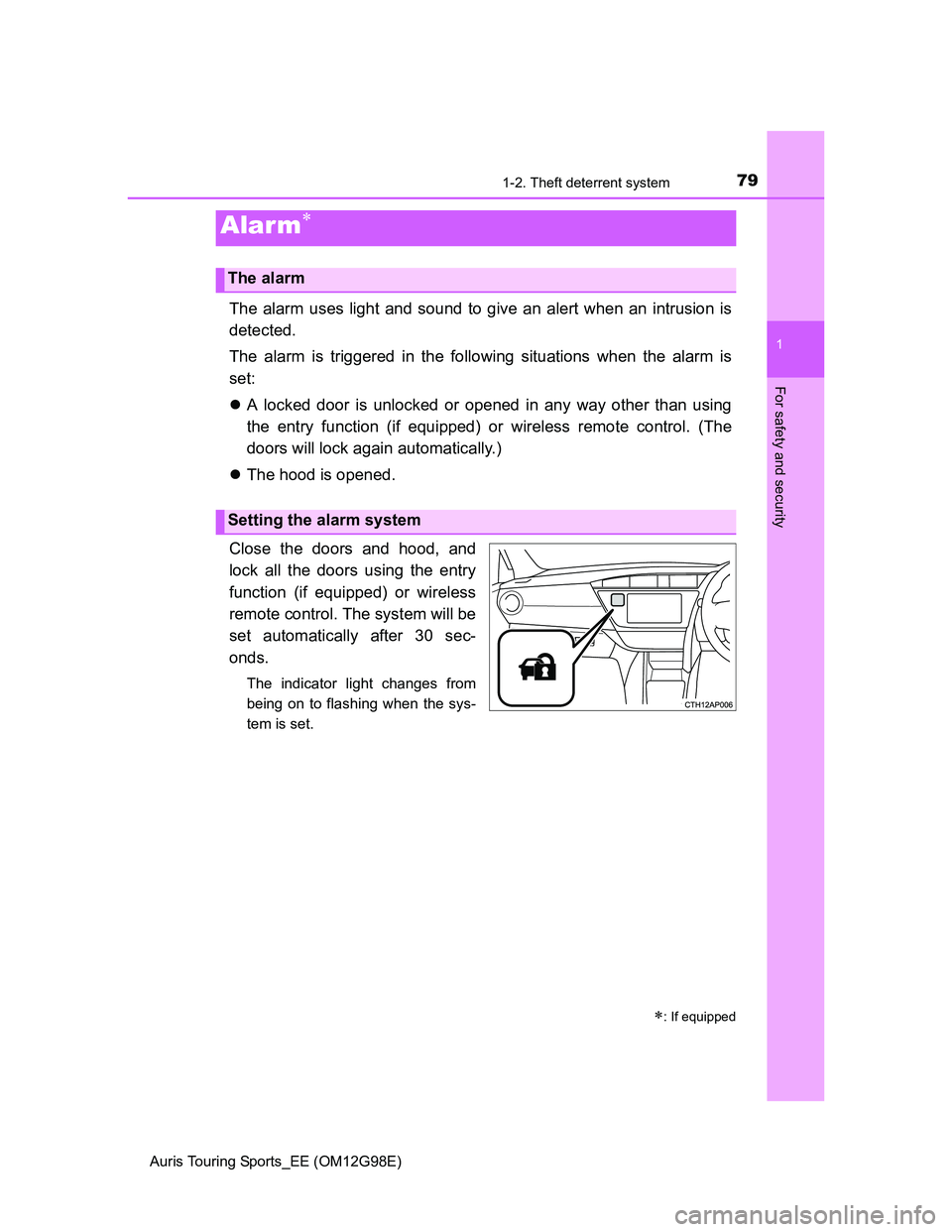 TOYOTA AURIS TOURING SPORTS 2014  Owners Manual 791-2. Theft deterrent system
1
For safety and security
Auris Touring Sports_EE (OM12G98E)
The alarm uses light and sound to give an alert when an intrusion is
detected.
The alarm is triggered in the 