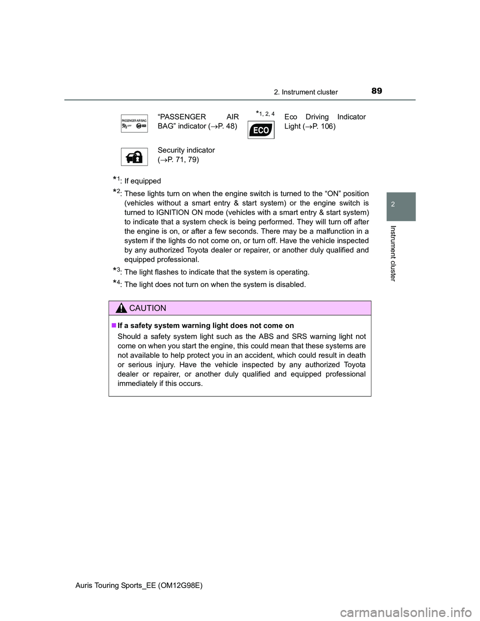 TOYOTA AURIS TOURING SPORTS 2014 Owners Manual 892. Instrument cluster
Auris Touring Sports_EE (OM12G98E)
2
Instrument cluster
*1: If equipped
*2: These lights turn on when the engine switch is turned to the “ON” position
(vehicles without a TOYOTA AURIS TOURING SPORTS 2014 Owners Manual 892. Instrument cluster
Auris Touring Sports_EE (OM12G98E)
2
Instrument cluster
*1: If equipped
*2: These lights turn on when the engine switch is turned to the “ON” position
(vehicles without a