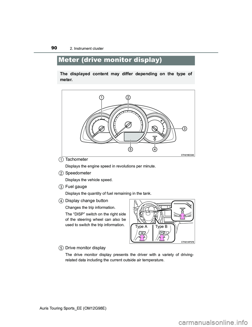TOYOTA AURIS TOURING SPORTS 2014  Owners Manual 902. Instrument cluster
Auris Touring Sports_EE (OM12G98E)
Tachometer
Displays the engine speed in revolutions per minute.
Speedometer
Displays the vehicle speed.
Fuel gauge
Displays the quantity of f
