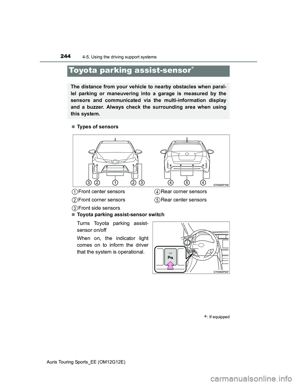TOYOTA AURIS TOURING SPORTS 2013  Owners Manual 2444-5. Using the driving support systems
Auris Touring Sports_EE (OM12G12E)
Types of sensors
Toyota parking assist-sensor switch
Turns Toyota parking assist-
sensor on/off
When on, the indicato