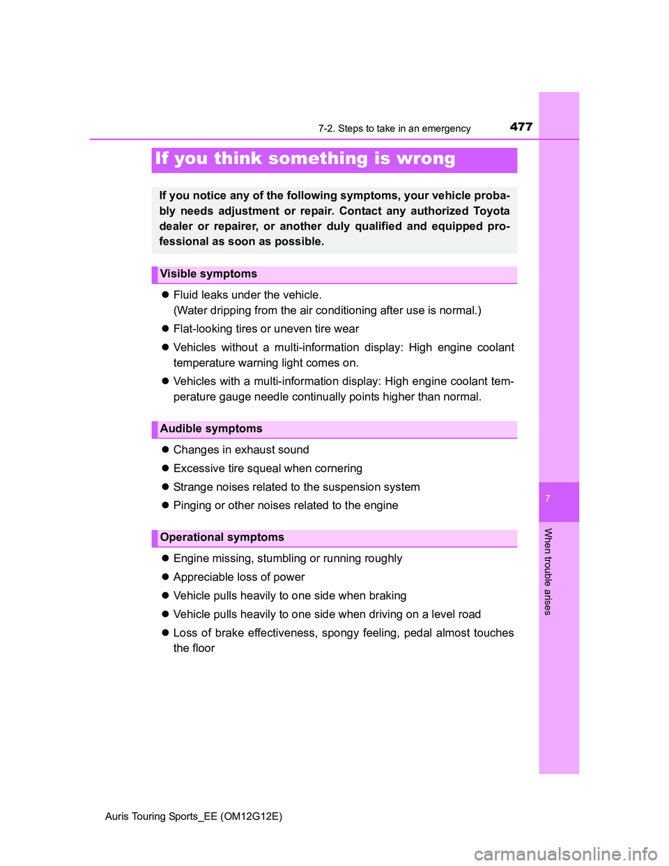 TOYOTA AURIS TOURING SPORTS 2013 Owners Manual 4777-2. Steps to take in an emergency
Auris Touring Sports_EE (OM12G12E)
7
When trouble arises
Fluid leaks under the vehicle.
(Water dripping from the air conditioning after use is normal.)
Flat TOYOTA AURIS TOURING SPORTS 2013 Owners Manual 4777-2. Steps to take in an emergency
Auris Touring Sports_EE (OM12G12E)
7
When trouble arises
Fluid leaks under the vehicle.
(Water dripping from the air conditioning after use is normal.)
Flat
