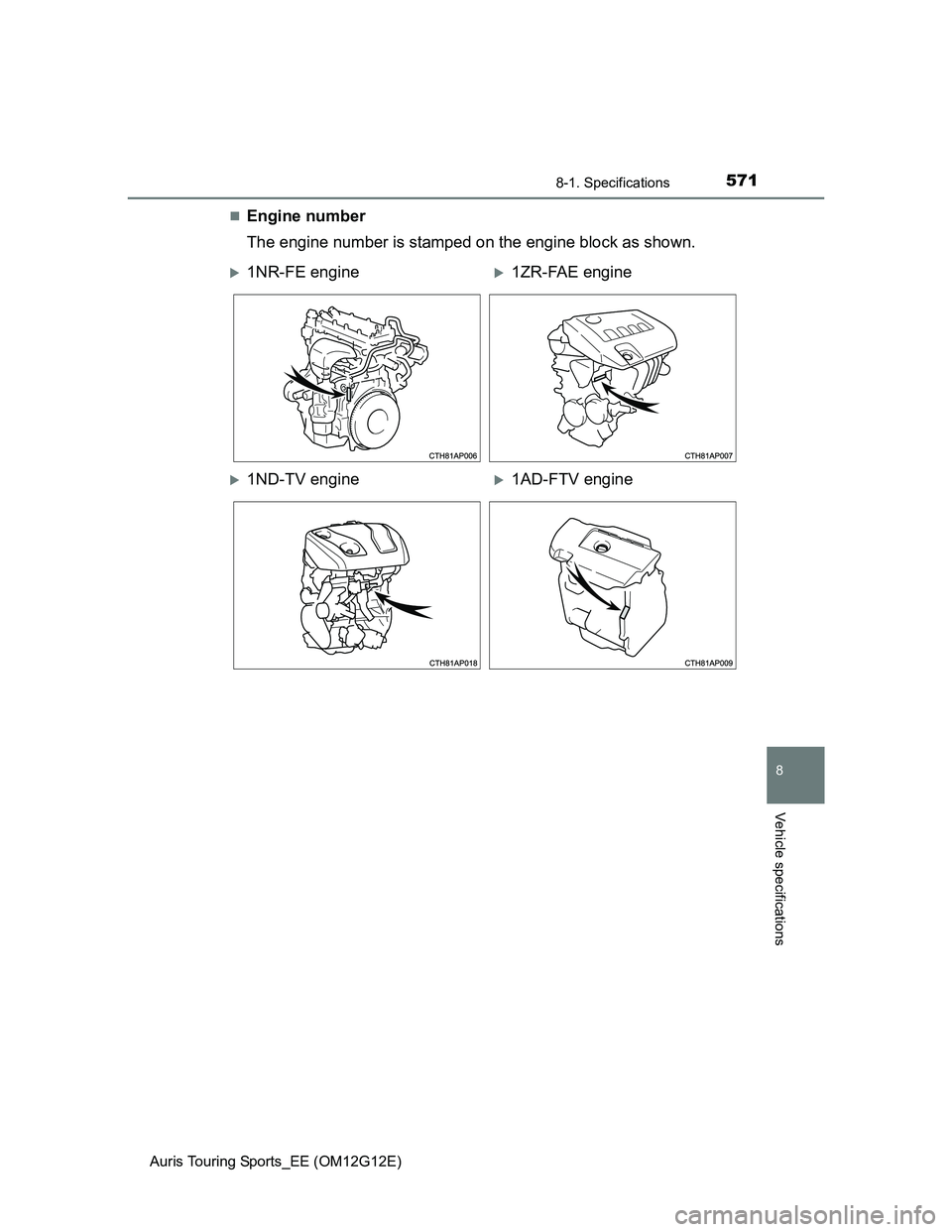 TOYOTA AURIS TOURING SPORTS 2013  Owners Manual 5718-1. Specifications
Auris Touring Sports_EE (OM12G12E)
8
Vehicle specifications
Engine number
The engine number is stamped on the engine block as shown.
1NR-FE engine1ZR-FAE engine
1ND-
