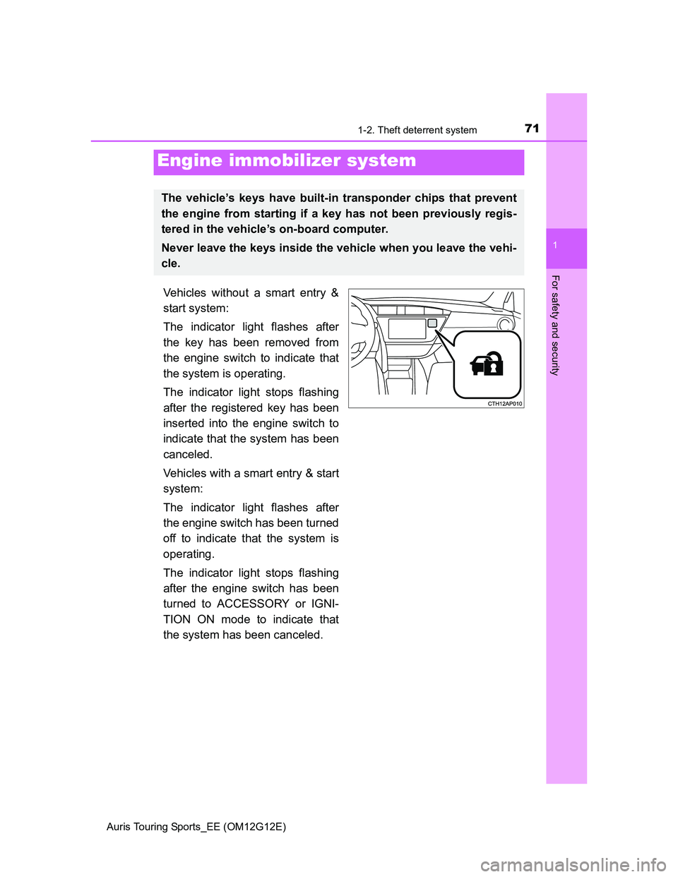 TOYOTA AURIS TOURING SPORTS 2013 Owners Manual 71
1
For safety and security
Auris Touring Sports_EE (OM12G12E)
1-2. Theft deterrent system
Vehicles without a smart entry &
start system:
The indicator light flashes after
the key has been removed fr TOYOTA AURIS TOURING SPORTS 2013 Owners Manual 71
1
For safety and security
Auris Touring Sports_EE (OM12G12E)
1-2. Theft deterrent system
Vehicles without a smart entry &
start system:
The indicator light flashes after
the key has been removed fr