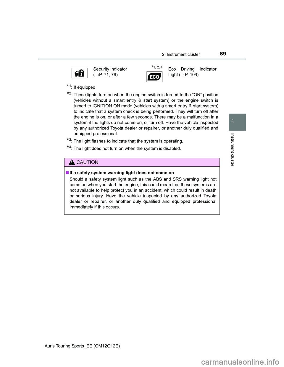 TOYOTA AURIS TOURING SPORTS 2013 Owners Manual 892. Instrument cluster
Auris Touring Sports_EE (OM12G12E)
2
Instrument cluster
*1: If equipped
*2: These lights turn on when the engine switch is turned to the “ON” position
(vehicles without a TOYOTA AURIS TOURING SPORTS 2013 Owners Manual 892. Instrument cluster
Auris Touring Sports_EE (OM12G12E)
2
Instrument cluster
*1: If equipped
*2: These lights turn on when the engine switch is turned to the “ON” position
(vehicles without a