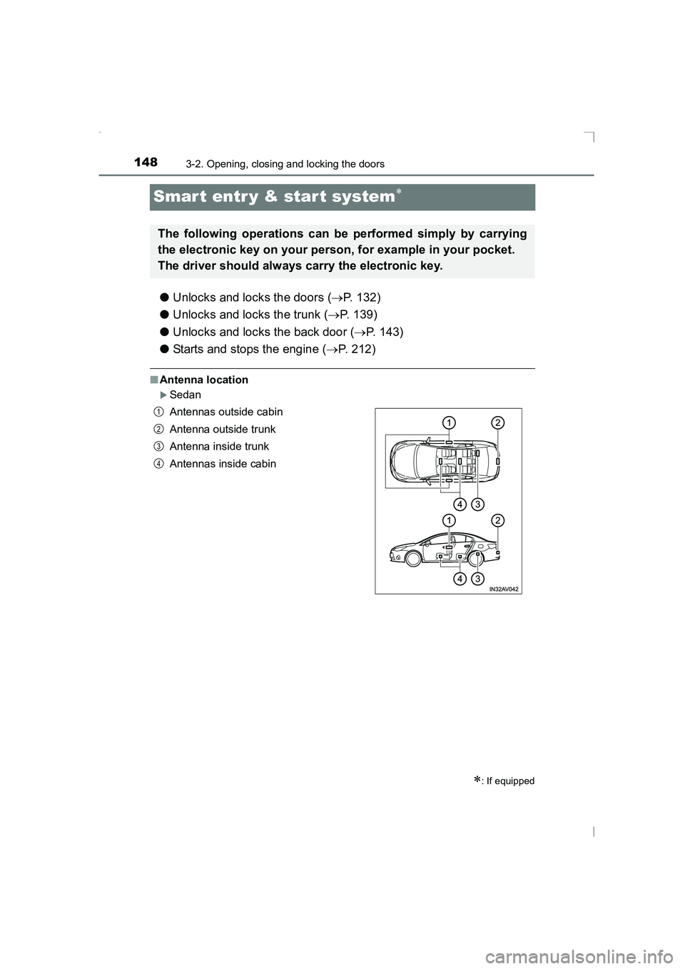 TOYOTA AVENSIS 2015  Owners Manual 1483-2. Opening, closing and locking the doors
AVENSIS_OM_OM20C20E_(EE)
Smar t entr y & start system∗
●Unlocks and locks the doors ( →P. 132)
● Unlocks and locks the trunk ( →P. 139)
● Unl