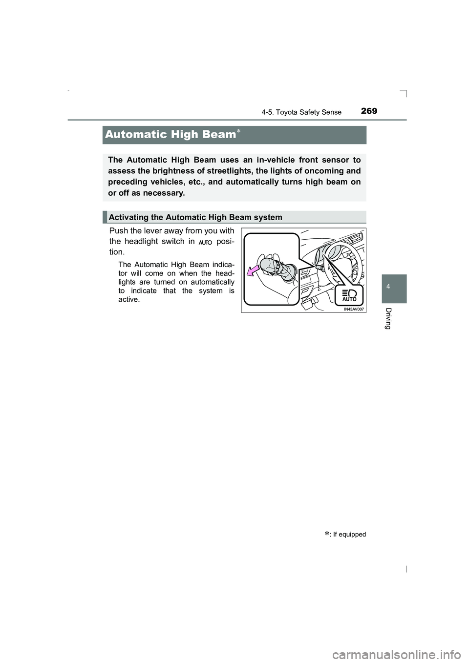 TOYOTA AVENSIS 2015  Owners Manual 269
4
4-5. Toyota Safety Sense
Driving
AVENSIS_OM_OM20C20E_(EE)
Automatic High Beam∗
Push the lever away from you with
the headlight switch in   posi-
tion.
The Automatic High Beam indica-
tor will 