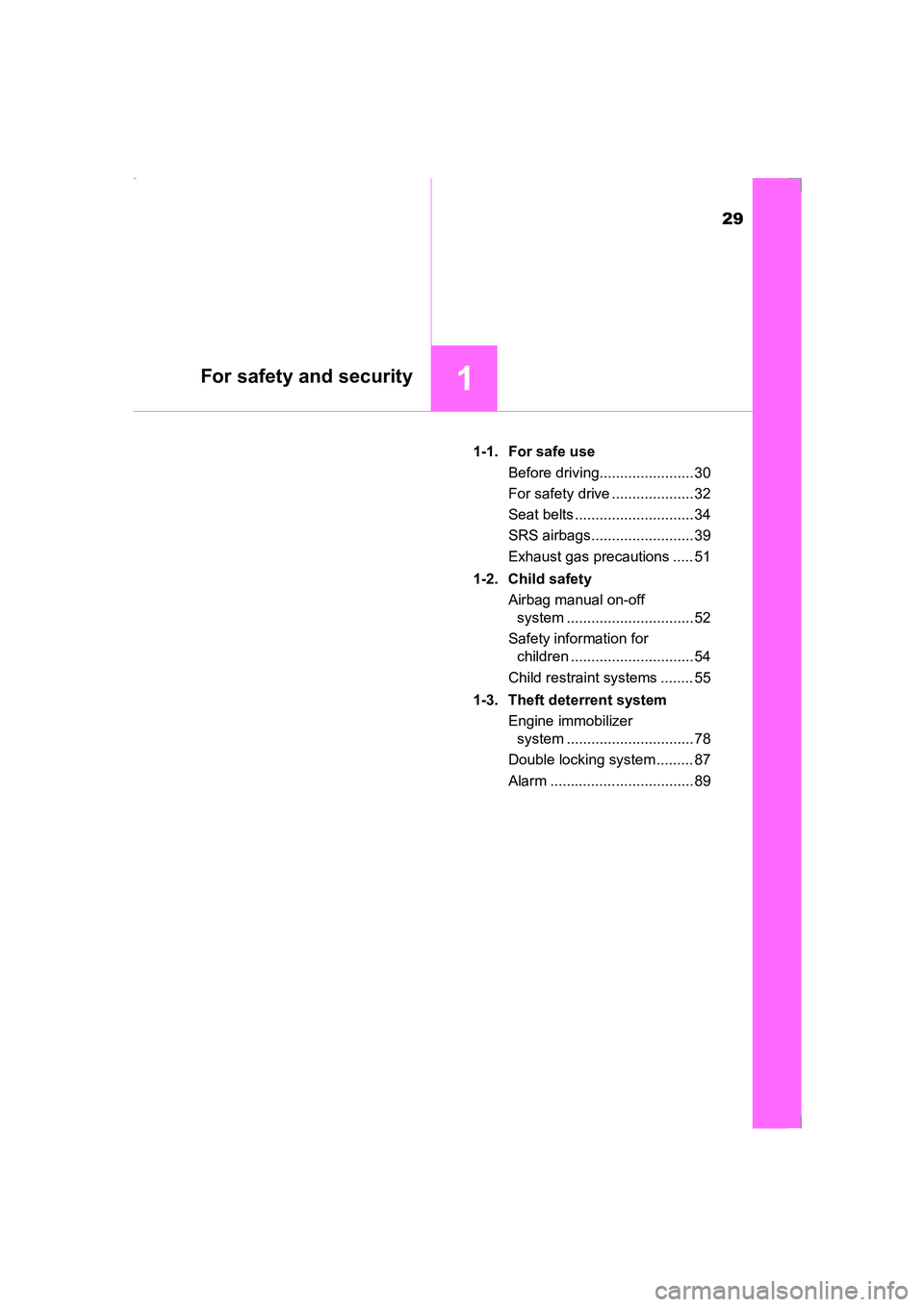 TOYOTA AVENSIS 2015  Owners Manual 29
1For safety and security
AVENSIS_OM_OM20C20E_(EE)1-1. For safe use
Before driving....................... 30
For safety drive .................... 32
Seat belts ............................. 34
SRS 