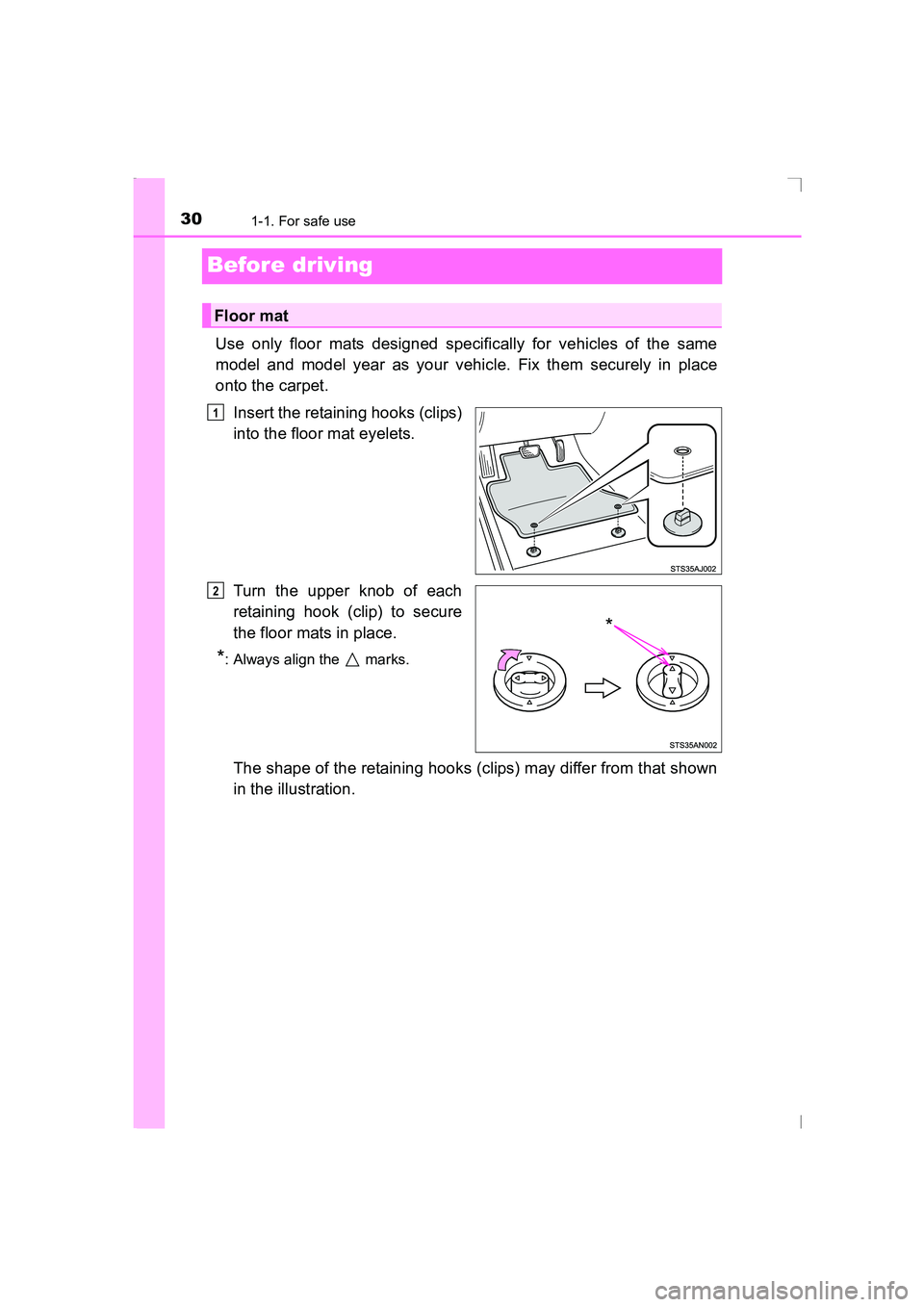 TOYOTA AVENSIS 2015  Owners Manual 301-1. For safe use
AVENSIS_OM_OM20C20E_(EE)
Before driving
Use only floor mats designed specifically for vehicles of the same
model and model year as your vehicle. Fix them securely in place
onto the