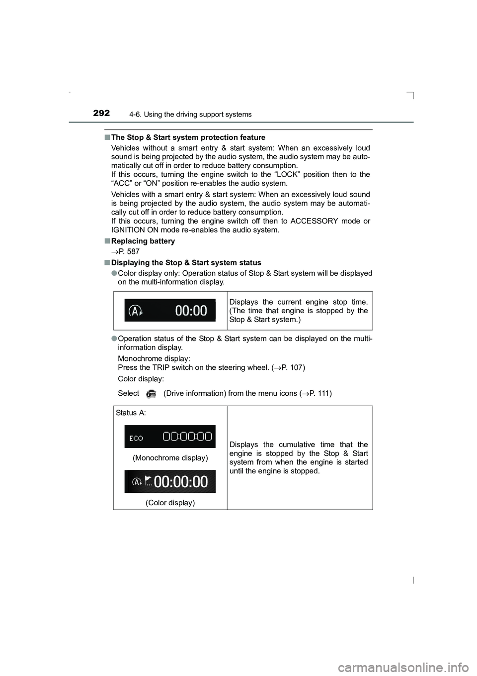 TOYOTA AVENSIS 2015  Owners Manual 2924-6. Using the driving support systems
AVENSIS_OM_OM20C20E_(EE)
■The Stop & Start system protection feature
Vehicles without a smart entry & st art system: When an excessively loud
sound is being