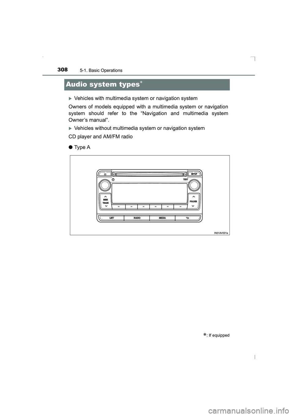 TOYOTA AVENSIS 2015  Owners Manual 3085-1. Basic Operations
AVENSIS_OM_OM20C20E_(EE)
Audio system types∗
�XVehicles with multimedia system or navigation system
Owners of models equipped with a multimedia system or navigation
system s