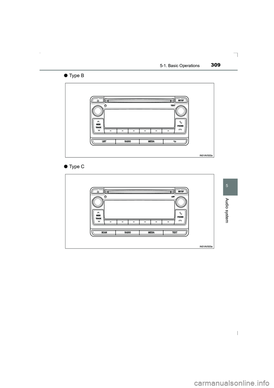 TOYOTA AVENSIS 2015  Owners Manual 3095-1. Basic Operations
5
Audio system
AVENSIS_OM_OM20C20E_(EE)
●Ty pe  B
● Ty pe  C
AVENSIS_OM_OM20C20E_(EE).book  Page 309  Thursday, January 29,  2015  1:47 PM 