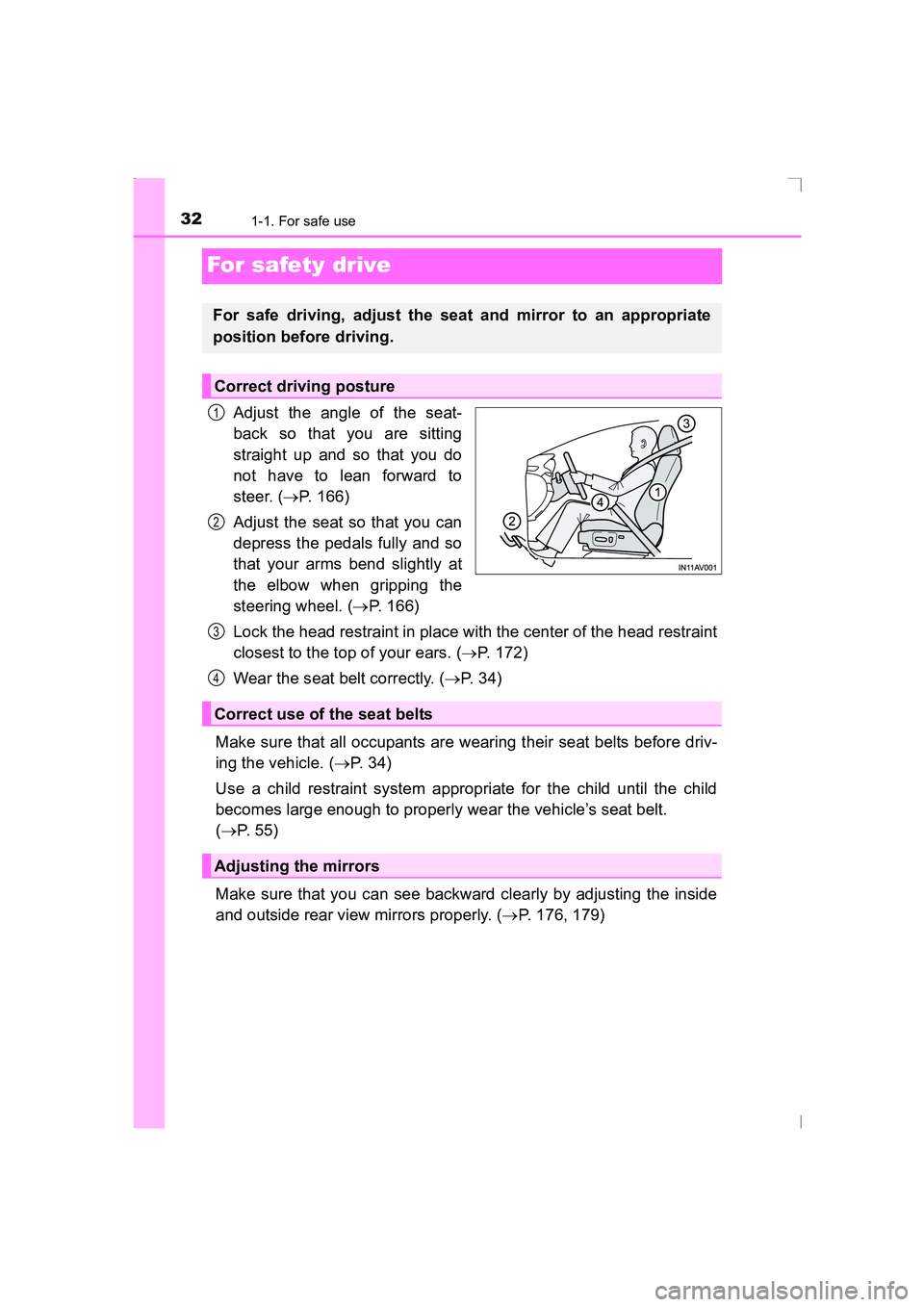 TOYOTA AVENSIS 2015  Owners Manual 321-1. For safe use
AVENSIS_OM_OM20C20E_(EE)
For safety drive
Adjust the angle of the seat-
back so that you are sitting
straight up and so that you do
not have to lean forward to
steer. (→P. 166)
A