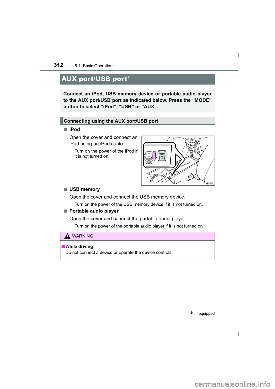 TOYOTA AVENSIS 2015  Owners Manual 3125-1. Basic Operations
AVENSIS_OM_OM20C20E_(EE)
AUX port/USB por t∗
■iPod
Open the cover and connect an
iPod using an iPod cable.
Turn on the power of the iPod if
it is not turned on.
■
USB me