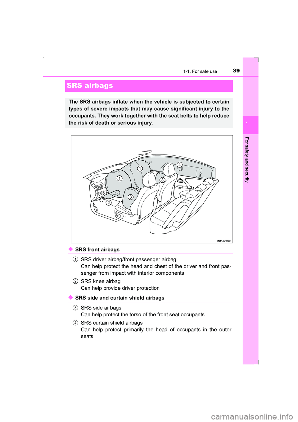 TOYOTA AVENSIS 2015  Owners Manual 391-1. For safe use
1
For safety and security
AVENSIS_OM_OM20C20E_(EE)
SRS airbags
◆SRS front airbagsSRS driver airbag/front passenger airbag
Can help protect the head and chest of the driver and fr