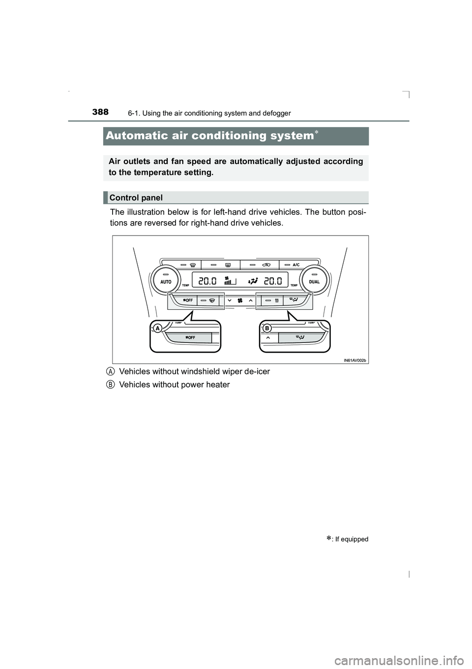 TOYOTA AVENSIS 2015  Owners Manual 3886-1. Using the air conditioning system and defogger
AVENSIS_OM_OM20C20E_(EE)
Automatic air conditioning system∗
The illustration below is for left-hand drive vehicles. The button posi-
tions are 