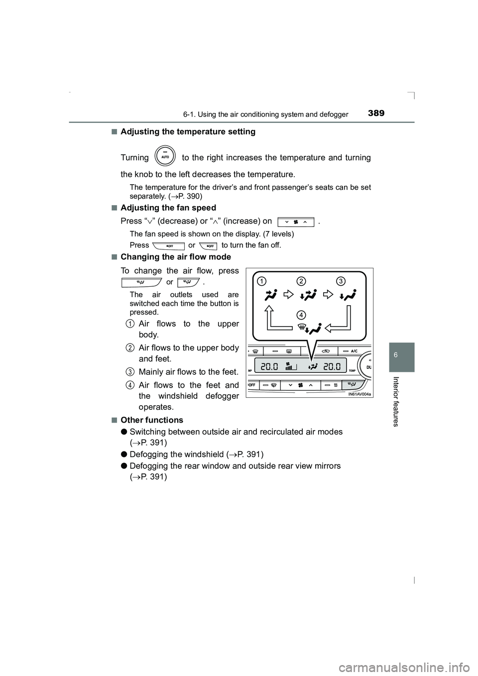 TOYOTA AVENSIS 2015  Owners Manual 3896-1. Using the air conditioning system and defogger
AVENSIS_OM_OM20C20E_(EE)
6
Interior features
■Adjusting the temperature setting
Turning   to the right increases the temperature and turning
th