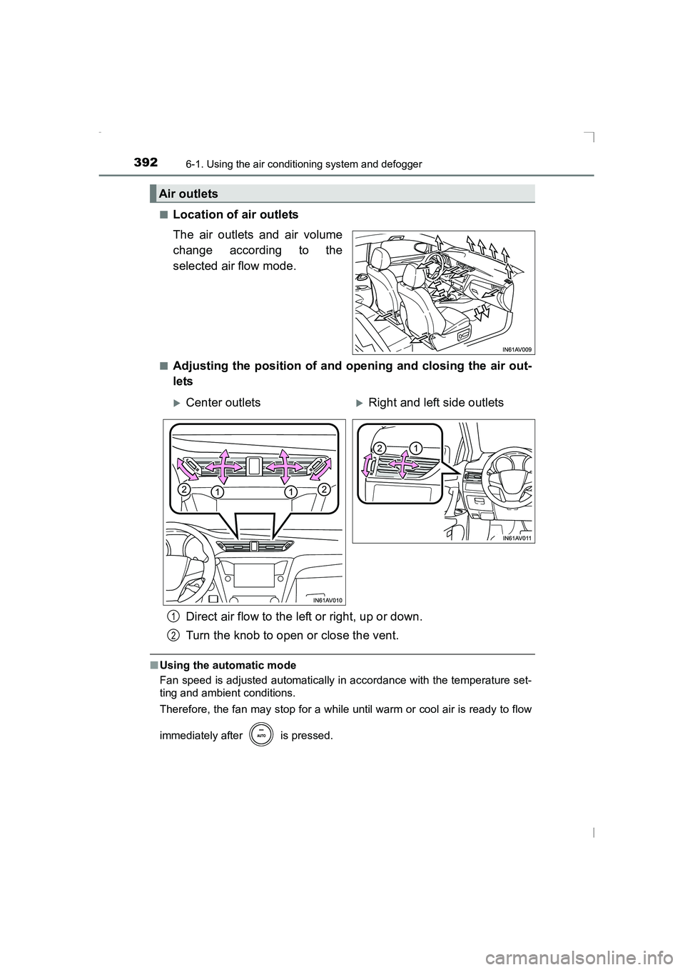 TOYOTA AVENSIS 2015  Owners Manual 3926-1. Using the air conditioning system and defogger
AVENSIS_OM_OM20C20E_(EE)■
Location of air outlets
The air outlets and air volume
change according to the
selected air flow mode.
■Adjusting t