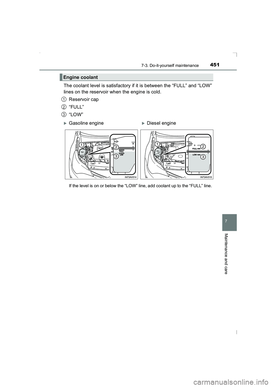 TOYOTA AVENSIS 2015  Owners Manual 4517-3. Do-it-yourself maintenance
AVENSIS_OM_OM20C20E_(EE)
7
Maintenance and care
The coolant level is satisfactory if it is between the “FULL” and “LOW”
lines on the reservoir when the engin