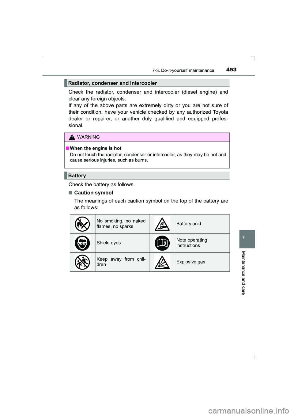 TOYOTA AVENSIS 2015  Owners Manual 4537-3. Do-it-yourself maintenance
AVENSIS_OM_OM20C20E_(EE)
7
Maintenance and care
Check the radiator, condenser and intercooler (diesel engine) and
clear any foreign objects. 
If any of the above par