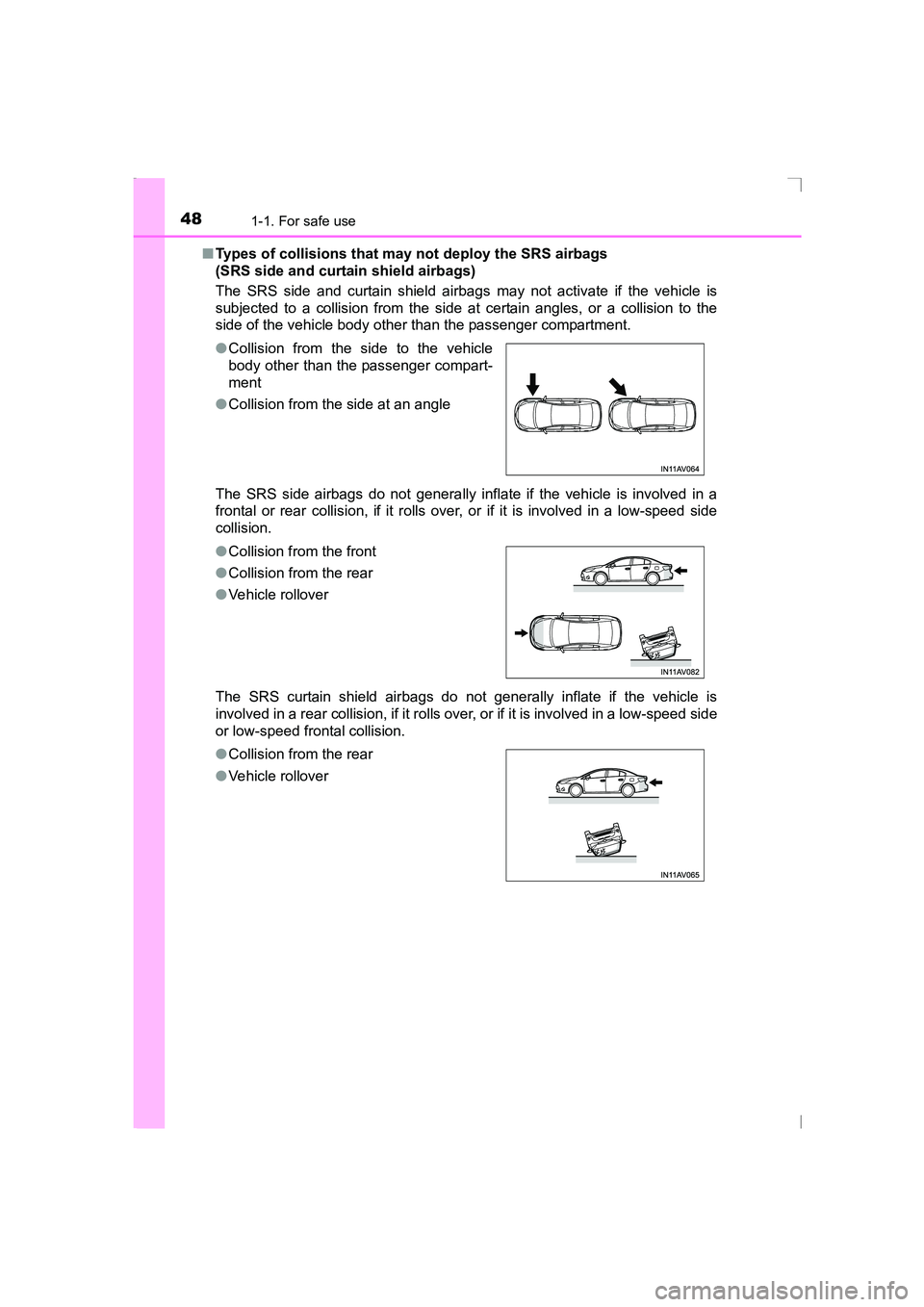 TOYOTA AVENSIS 2015 Owners Manual 481-1. For safe use
AVENSIS_OM_OM20C20E_(EE)■
Types of collisions that may not deploy the SRS airbags
(SRS side and curtain shield airbags)
The SRS side and curtain shield airbags may not activate TOYOTA AVENSIS 2015 Owners Manual 481-1. For safe use
AVENSIS_OM_OM20C20E_(EE)■
Types of collisions that may not deploy the SRS airbags
(SRS side and curtain shield airbags)
The SRS side and curtain shield airbags may not activate