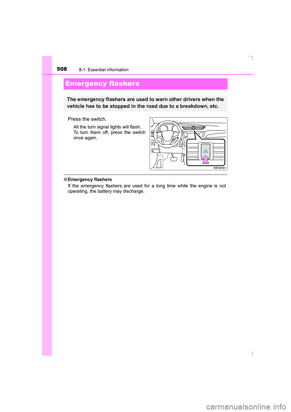 TOYOTA AVENSIS 2015  Owners Manual 5088-1. Essential information
AVENSIS_OM_OM20C20E_(EE)
Emergency flashers
Press the switch.
All the turn signal lights will flash. 
To turn them off, press the switch
once again.
■Emergency flashers