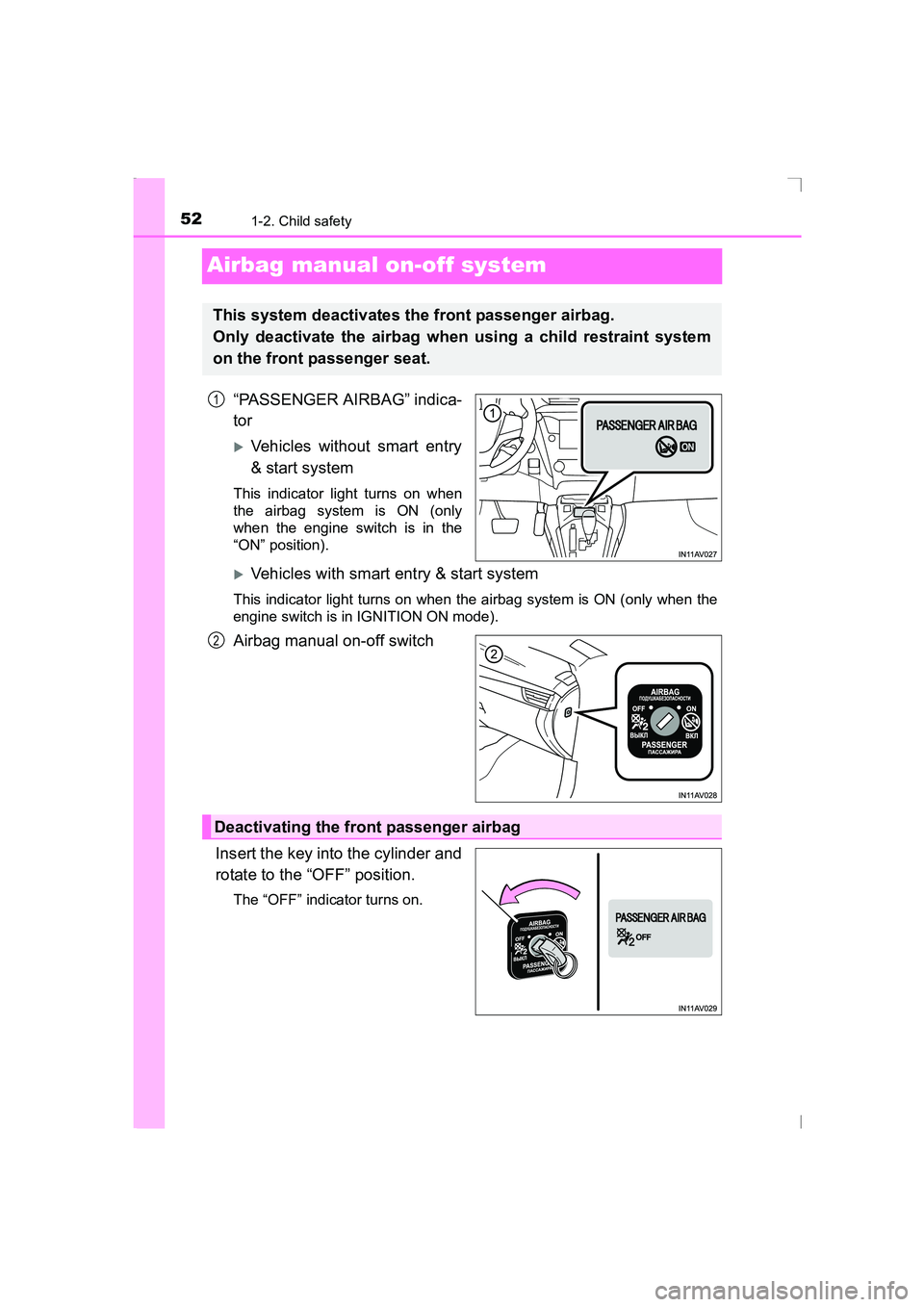 TOYOTA AVENSIS 2015  Owners Manual 521-2. Child safety
AVENSIS_OM_OM20C20E_(EE)
Airbag manual on-off system
“PASSENGER AIRBAG” indica-
tor
�XVehicles without smart entry
& start system
This indicator light turns on when
the airbag 