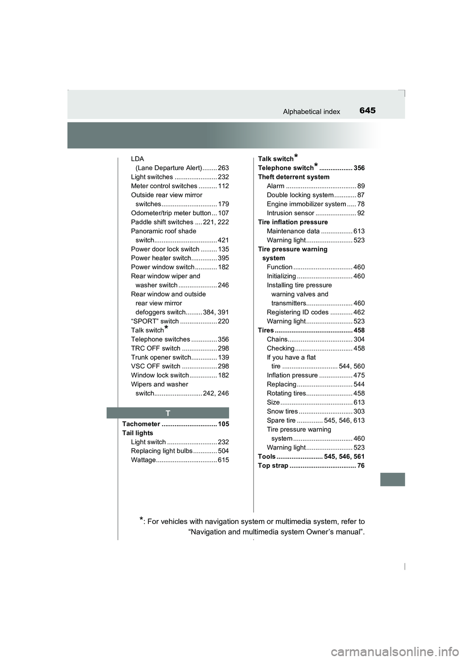 TOYOTA AVENSIS 2015  Owners Manual 645Alphabetical index
AVENSIS_OM_OM20C20E_(EE)
LDA (Lane Departure Alert) ........ 263
Light switches ....................... 232
Meter control switches .......... 112
Outside rear view mirror  switch