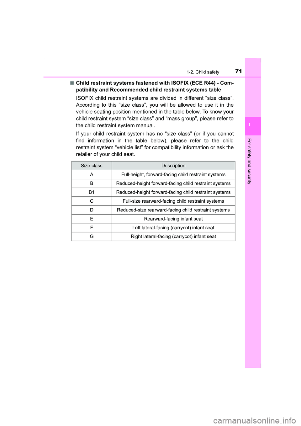 TOYOTA AVENSIS 2015 Owners Manual 711-2. Child safety
1
AVENSIS_OM_OM20C20E_(EE)
For safety and security
■Child restraint systems fastened with ISOFIX (ECE R44) - Com-
patibility and Recommended child restraint systems table
ISOFIX TOYOTA AVENSIS 2015 Owners Manual 711-2. Child safety
1
AVENSIS_OM_OM20C20E_(EE)
For safety and security
■Child restraint systems fastened with ISOFIX (ECE R44) - Com-
patibility and Recommended child restraint systems table
ISOFIX