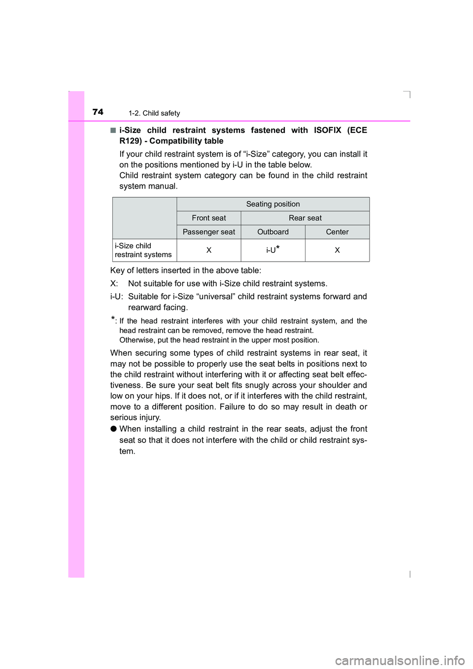 TOYOTA AVENSIS 2015 Owners Manual 741-2. Child safety
AVENSIS_OM_OM20C20E_(EE)■
i-Size child restraint systems fastened with ISOFIX (ECE
R129) - Compatibility table
If your child restraint system is of “i-Size” category, you can TOYOTA AVENSIS 2015 Owners Manual 741-2. Child safety
AVENSIS_OM_OM20C20E_(EE)■
i-Size child restraint systems fastened with ISOFIX (ECE
R129) - Compatibility table
If your child restraint system is of “i-Size” category, you can