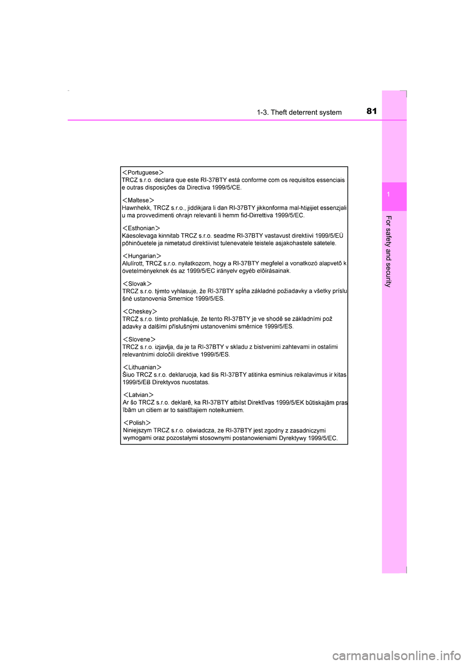 TOYOTA AVENSIS 2015  Owners Manual 811-3. Theft deterrent system
1
AVENSIS_OM_OM20C20E_(EE)
For safety and security
AVENSIS_OM_OM20C20E_(EE).book  Page 81  Thursday, January 29, 2015  1:47 PM 