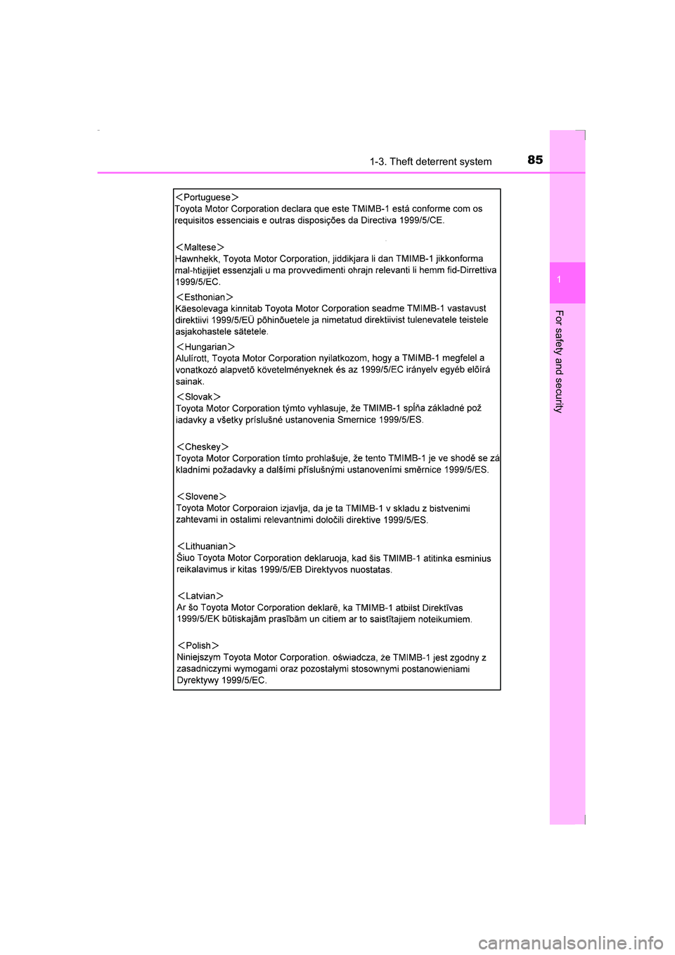 TOYOTA AVENSIS 2015  Owners Manual 851-3. Theft deterrent system
1
AVENSIS_OM_OM20C20E_(EE)
For safety and security
AVENSIS_OM_OM20C20E_(EE).book  Page 85  Thursday, January 29, 2015  1:47 PM 