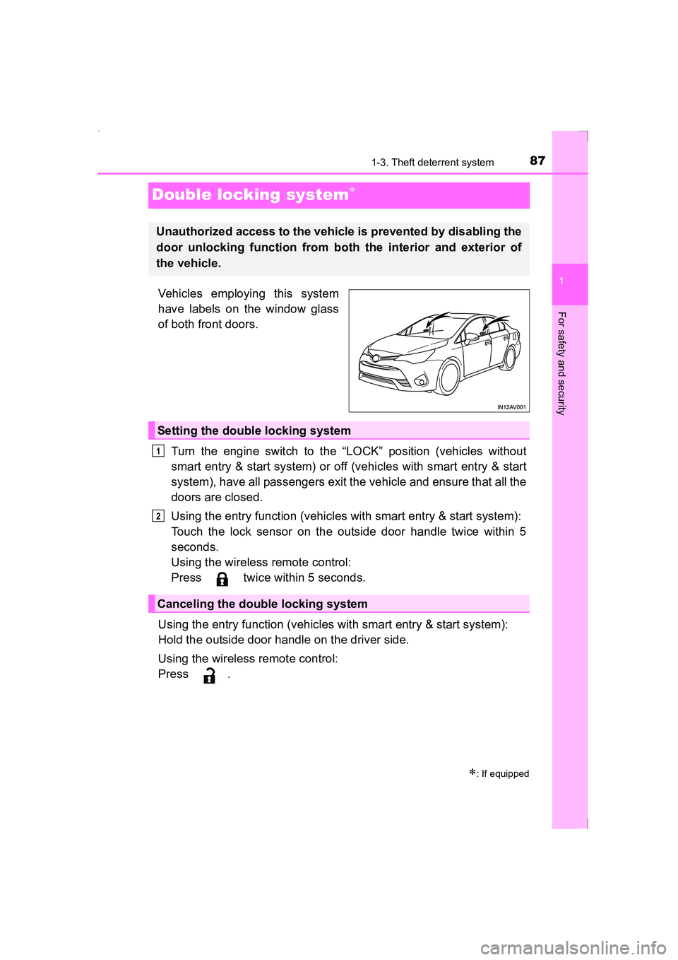 TOYOTA AVENSIS 2015  Owners Manual 87
1
1-3. Theft deterrent system
AVENSIS_OM_OM20C20E_(EE)
For safety and security
Double locking system∗
Vehicles employing this system
have labels on the window glass
of both front doors.Turn the e