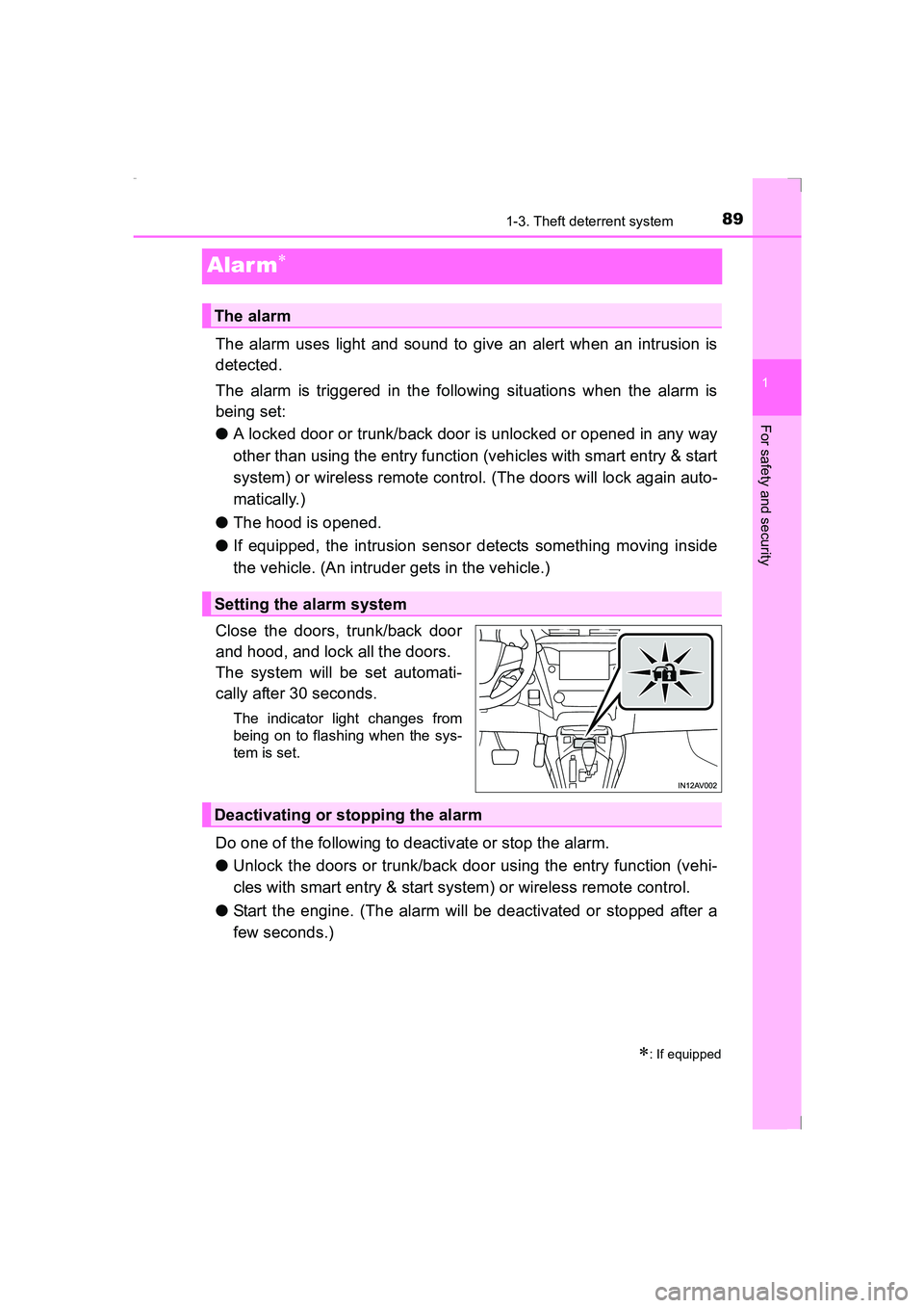 TOYOTA AVENSIS 2015  Owners Manual 89
1
1-3. Theft deterrent system
AVENSIS_OM_OM20C20E_(EE)
For safety and security
Alar m∗
The alarm uses light and sound to give an alert when an intrusion is
detected.
The alarm is triggered in the
