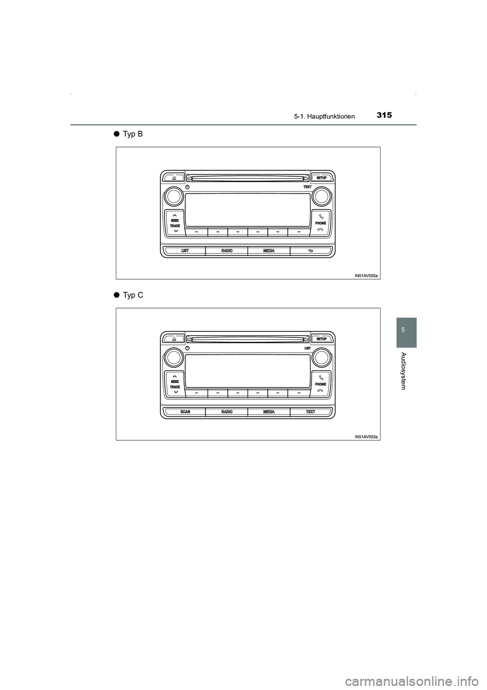TOYOTA AVENSIS 2015  Betriebsanleitungen (in German) 3155-1. Hauptfunktionen
5
Audiosystem
AVENSIS_OM_OM20C22M_(EM)
●Ty p  B
● Ty p  C
AVENSIS_OM_OM20C22M_(EM).book  Page 315  Friday, February 6, 20 15  8:11 PM 