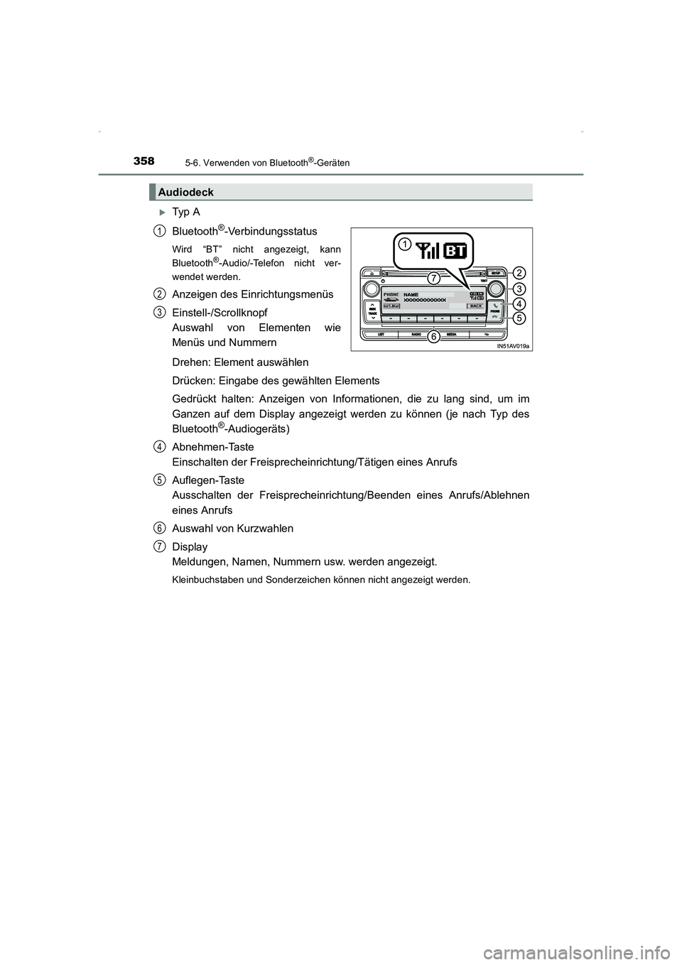 TOYOTA AVENSIS 2015  Betriebsanleitungen (in German) 3585-6. Verwenden von Bluetooth®-Geräten
AVENSIS_OM_OM20C22M_(EM)
�XTy p  A
Bluetooth
®-Verbindungsstatus
Wird “BT” nicht angezeigt, kann
Bluetooth®-Audio/-Telefon nicht ver-
wendet werden.
An
