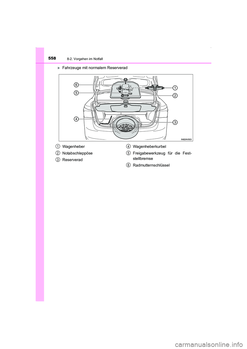 TOYOTA AVENSIS 2015  Betriebsanleitungen (in German) 5588-2. Vorgehen im Notfall
AVENSIS_OM_OM20C22M_(EM)
 XFahrzeuge mit normalem Reserverad
Wagenheber
Notabschleppöse
ReserveradWagenheberkurbel
Freigabewerkzeug für die Fest-
stellbremse
Radmutternsc