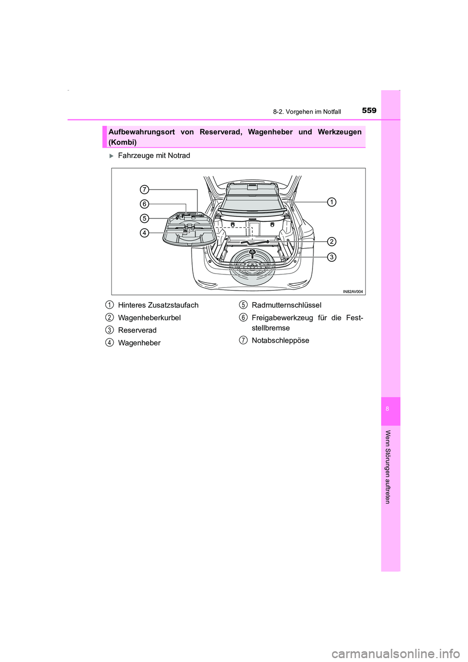 TOYOTA AVENSIS 2015  Betriebsanleitungen (in German) 5598-2. Vorgehen im Notfall
AVENSIS_OM_OM20C22M_(EM)
8
Wenn Störungen auftreten
 XFahrzeuge mit Notrad
Aufbewahrungsort von Reserverad, Wagenheber und Werkzeugen
(Kombi)
Hinteres Zusatzstaufach
Wagen