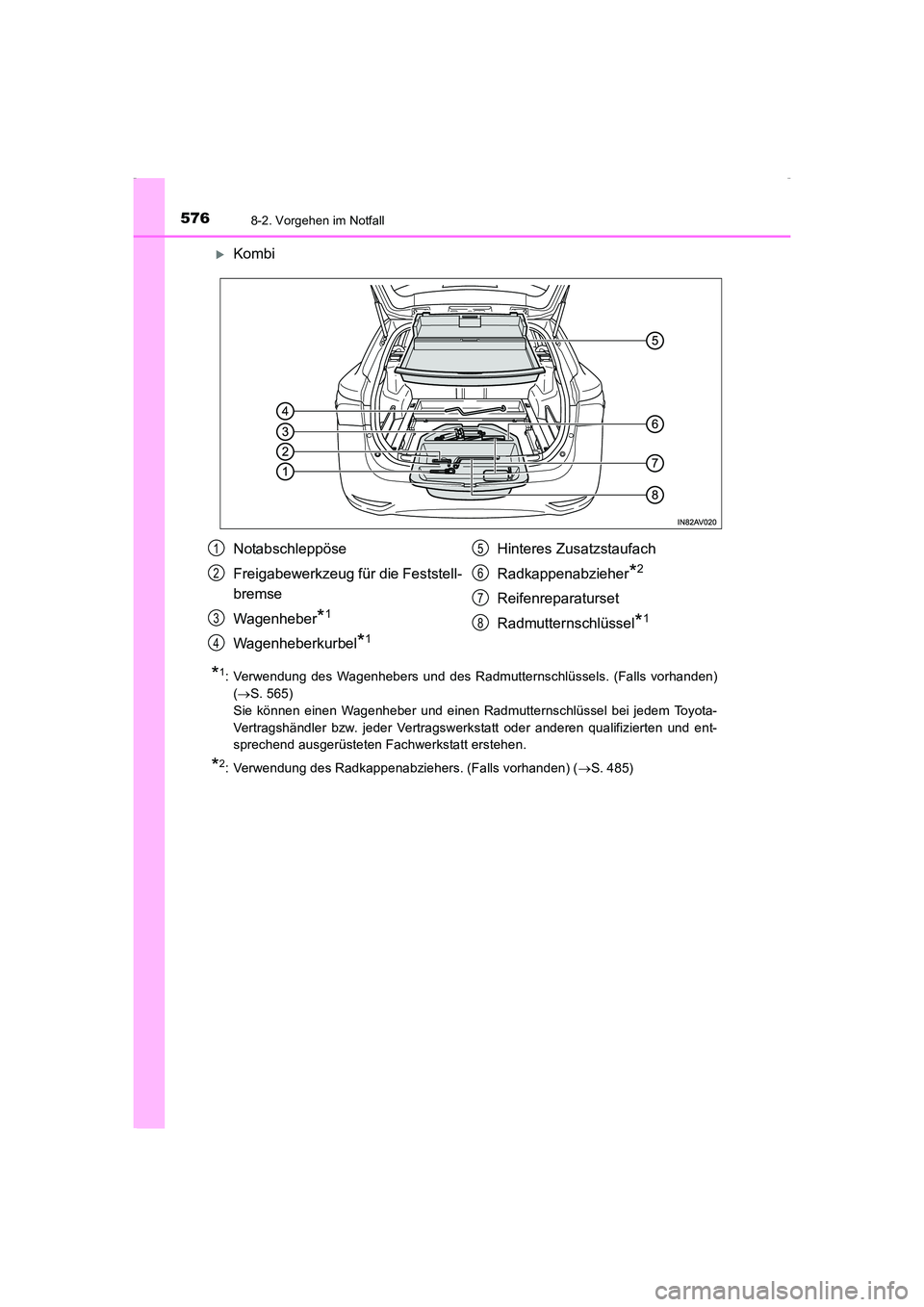 TOYOTA AVENSIS 2015  Betriebsanleitungen (in German) 5768-2. Vorgehen im Notfall
AVENSIS_OM_OM20C22M_(EM)
 XKombi
*1: Verwendung des Wagenhebers und des Radmutternschlüssels. (Falls vorhanden)(→ S. 565)
Sie können einen Wagenheber und einen Radmutte
