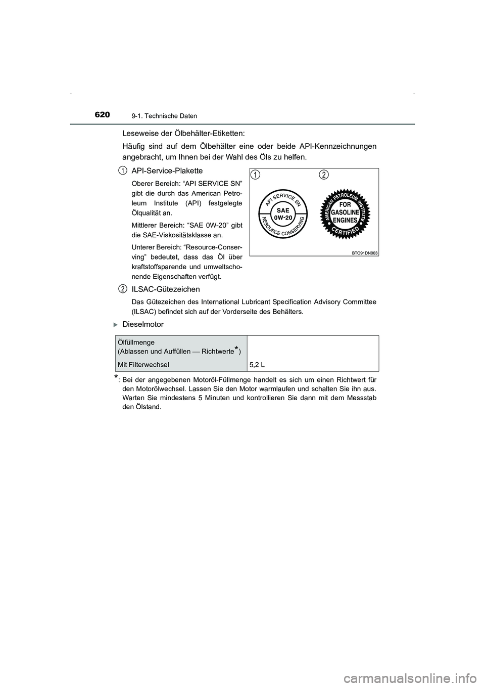 TOYOTA AVENSIS 2015  Betriebsanleitungen (in German) 6209-1. Technische Daten
AVENSIS_OM_OM20C22M_(EM)
Leseweise der Ölbehälter-Etiketten:
Häufig sind auf dem Ölbehälter eine oder beide API-Kennzeichnungen
angebracht, um Ihnen bei der Wahl des Öls