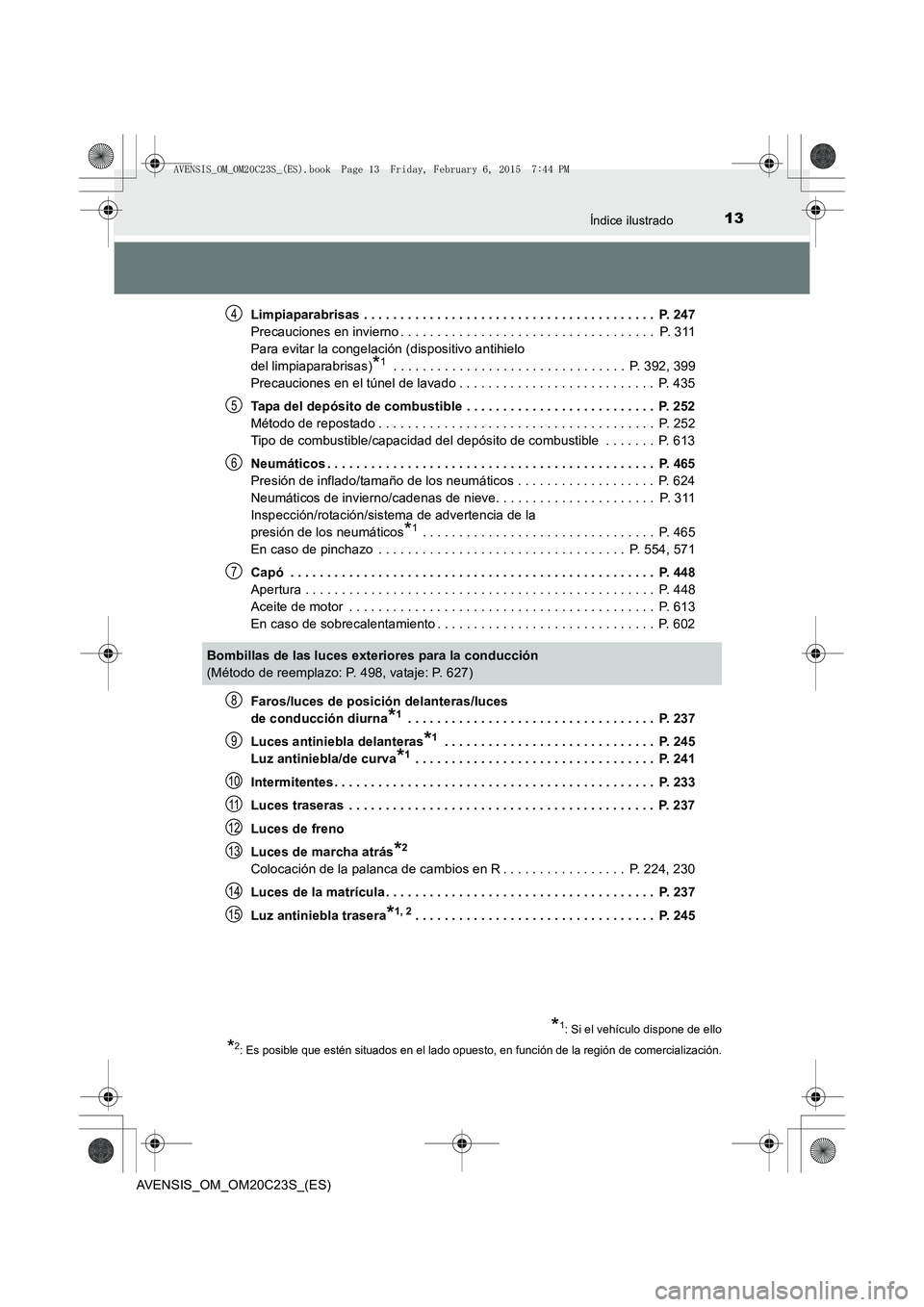 TOYOTA AVENSIS 2015 Manual del propietario (in Spanish) 13Índice ilustrado
AVENSIS_OM_OM20C23S_(ES)Limpiaparabrisas . . . . . . . . . . . . . . . . . . . . . . . . . . . . . . . . . . . . . . . . P. 247
Precauciones en invierno . . . . . . . . . . . . . TOYOTA AVENSIS 2015 Manual del propietario (in Spanish) 13Índice ilustrado
AVENSIS_OM_OM20C23S_(ES)Limpiaparabrisas . . . . . . . . . . . . . . . . . . . . . . . . . . . . . . . . . . . . . . . . P. 247
Precauciones en invierno . . . . . . . . . . . . .