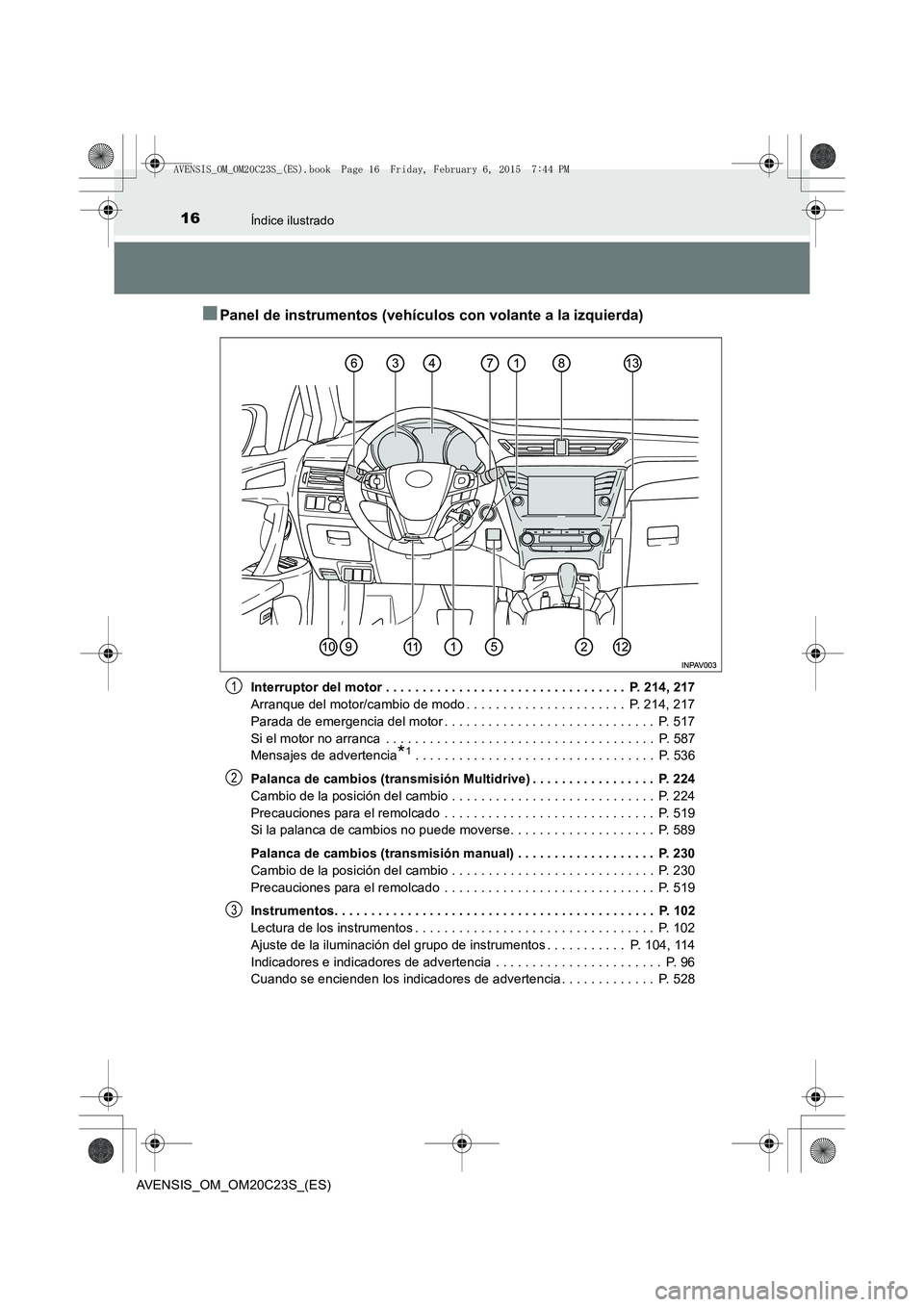 TOYOTA AVENSIS 2015 Manual del propietario (in Spanish) 16Índice ilustrado
AVENSIS_OM_OM20C23S_(ES)
■Panel de instrumentos (vehículos con volante a la izquierda)
Interruptor del motor . . . . . . . . . . . . . . . . . . . . . . . . . . . . . . . . . P TOYOTA AVENSIS 2015 Manual del propietario (in Spanish) 16Índice ilustrado
AVENSIS_OM_OM20C23S_(ES)
■Panel de instrumentos (vehículos con volante a la izquierda)
Interruptor del motor . . . . . . . . . . . . . . . . . . . . . . . . . . . . . . . . . P