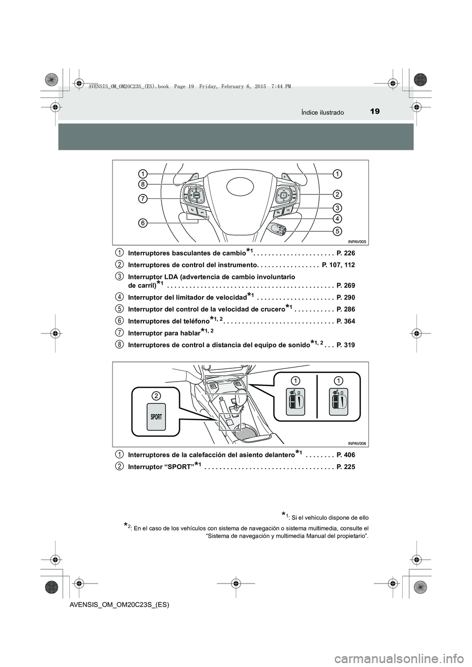 TOYOTA AVENSIS 2015 Manual del propietario (in Spanish) 19Índice ilustrado
AVENSIS_OM_OM20C23S_(ES)Interruptores basculantes de cambio
*1. . . . . . . . . . . . . . . . . . . . . . P. 226
Interruptores de control del instrumento. . . . . . . . . . . . . TOYOTA AVENSIS 2015 Manual del propietario (in Spanish) 19Índice ilustrado
AVENSIS_OM_OM20C23S_(ES)Interruptores basculantes de cambio
*1. . . . . . . . . . . . . . . . . . . . . . P. 226
Interruptores de control del instrumento. . . . . . . . . . . . .