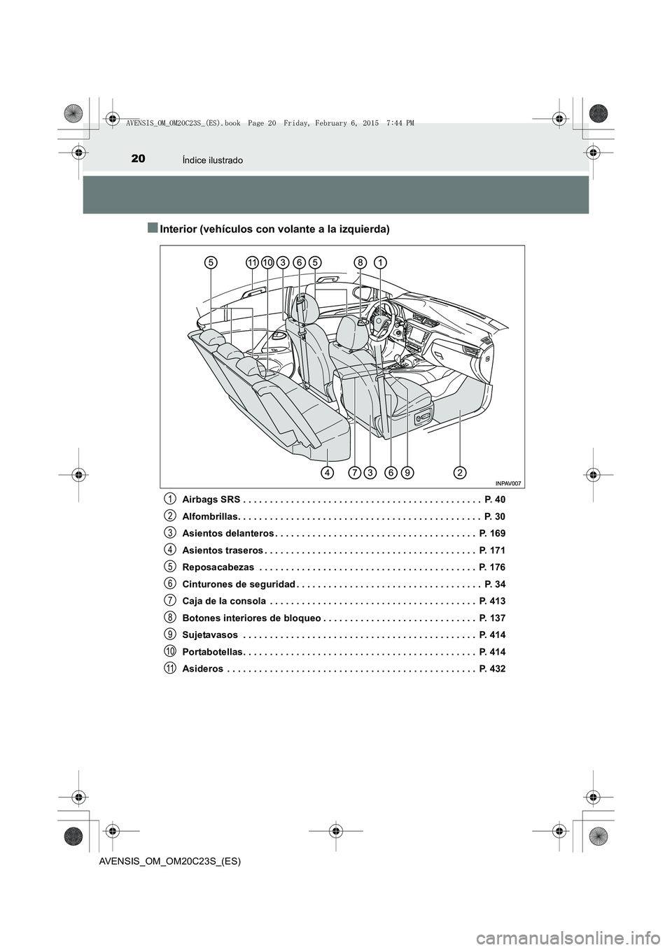 TOYOTA AVENSIS 2015 Manual del propietario (in Spanish) 20Índice ilustrado
AVENSIS_OM_OM20C23S_(ES)
■Interior (vehículos con volante a la izquierda)
Airbags SRS . . . . . . . . . . . . . . . . . . . . . . . . . . . . . . . . . . . . . . . . . . . . . TOYOTA AVENSIS 2015 Manual del propietario (in Spanish) 20Índice ilustrado
AVENSIS_OM_OM20C23S_(ES)
■Interior (vehículos con volante a la izquierda)
Airbags SRS . . . . . . . . . . . . . . . . . . . . . . . . . . . . . . . . . . . . . . . . . . . . .