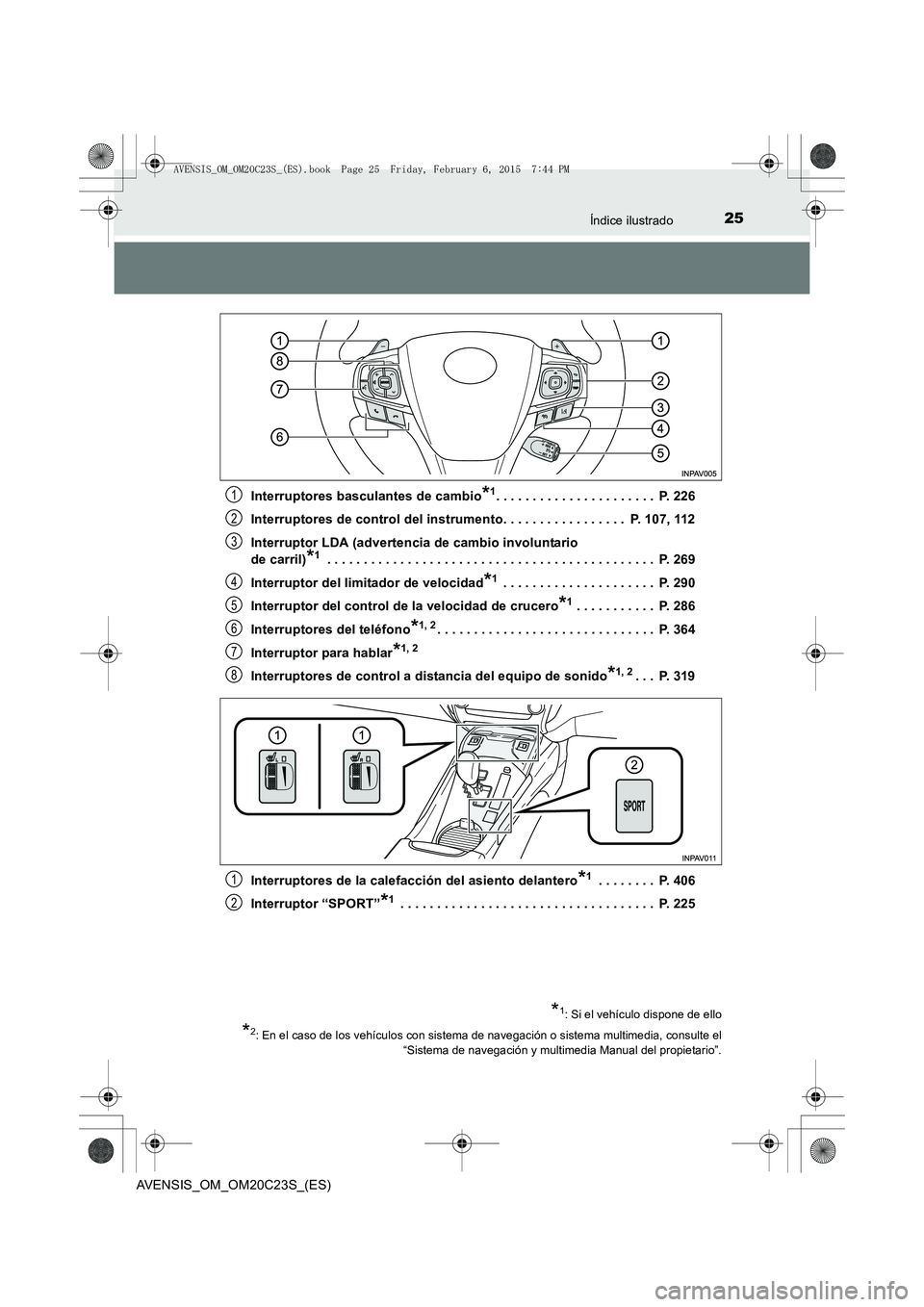 TOYOTA AVENSIS 2015  Manual del propietario (in Spanish) 25Índice ilustrado
AVENSIS_OM_OM20C23S_(ES)Interruptores basculantes de cambio
*1. . . . . . . . . . . . . . . . . . . . . .  P. 226
Interruptores de control del instrumento. . . . . . . . . . . . . 