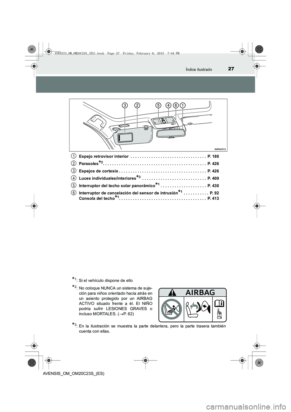 TOYOTA AVENSIS 2015  Manual del propietario (in Spanish) 27Índice ilustrado
AVENSIS_OM_OM20C23S_(ES)Espejo retrovisor interior  . . . . . . . . . . . . . . . . . . . . . . . . . . . . . . . . .  P. 180
Parasoles
*2. . . . . . . . . . . . . . . . . . . . . 