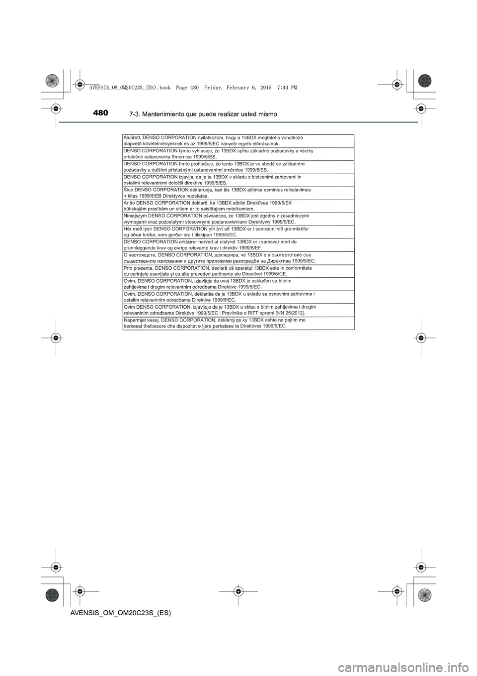 TOYOTA AVENSIS 2015  Manual del propietario (in Spanish) 4807-3. Mantenimiento que puede realizar usted mismo
AVENSIS_OM_OM20C23S_(ES)
AVENSIS_OM_OM20C23S_(ES).book  Page 480  Friday, February 6, 2015  7:44 PM 