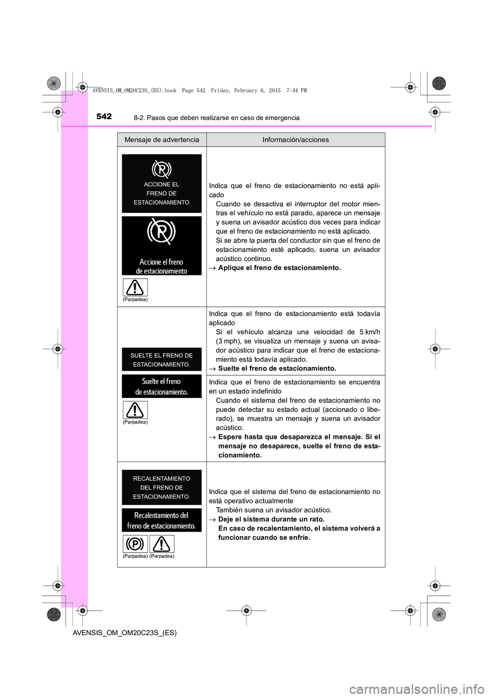 TOYOTA AVENSIS 2015  Manual del propietario (in Spanish) 5428-2. Pasos que deben realizarse en caso de emergencia
AVENSIS_OM_OM20C23S_(ES)Indica que el freno de estacionamiento no está apli-
cado
Cuando se desactiva el interruptor del motor mien-
tras el v