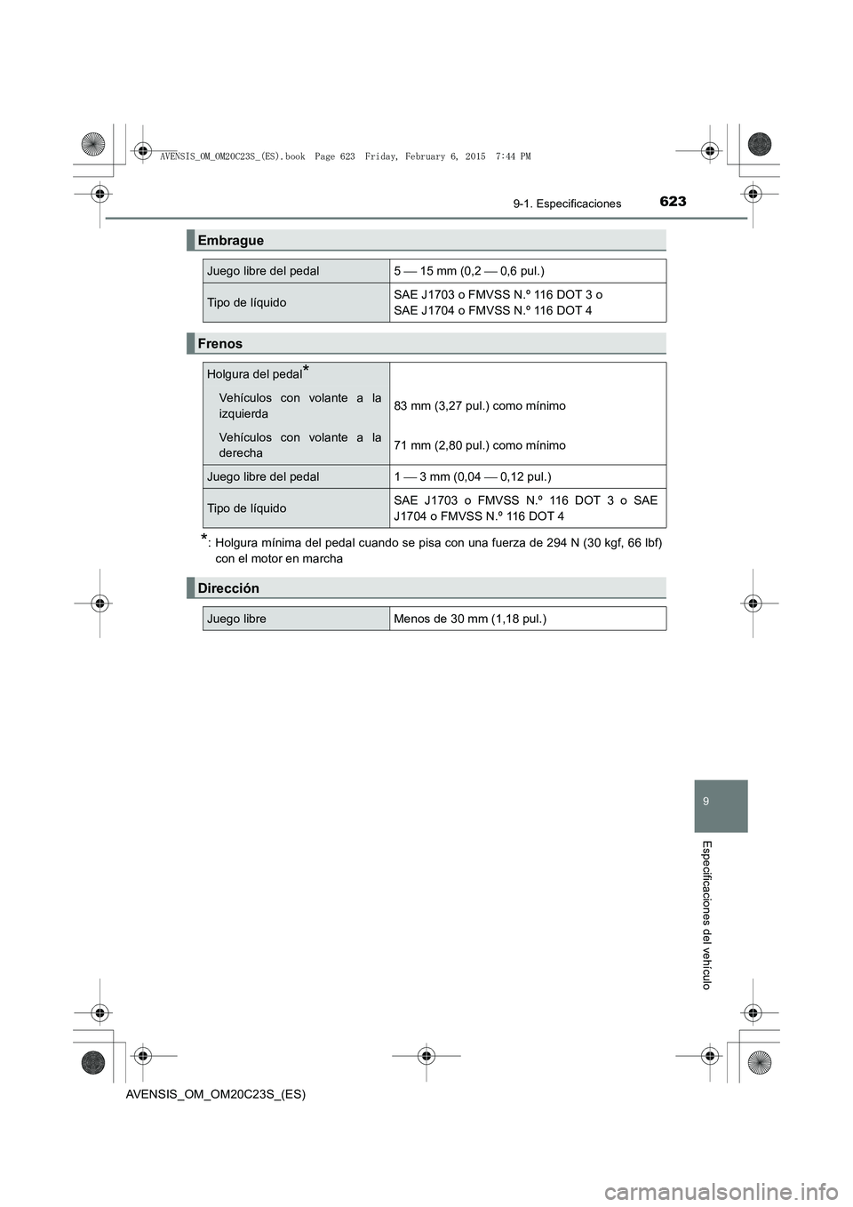 TOYOTA AVENSIS 2015  Manual del propietario (in Spanish) 6239-1. Especificaciones
AVENSIS_OM_OM20C23S_(ES)
9
Especificaciones del vehículo
*: Holgura mínima del pedal cuando se pisa con una fuerza de 294 N (30 kgf, 66 lbf)con el motor en marcha
Embrague
J